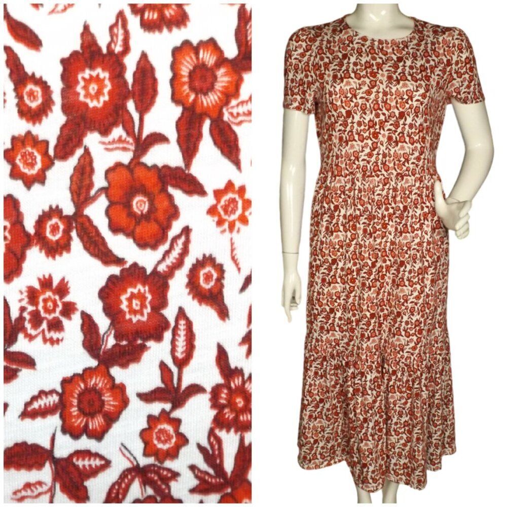 BODEN Dress, Pockets, 6, Jersey, White/Red Flowers, Pockets, Midi, Short sleeve